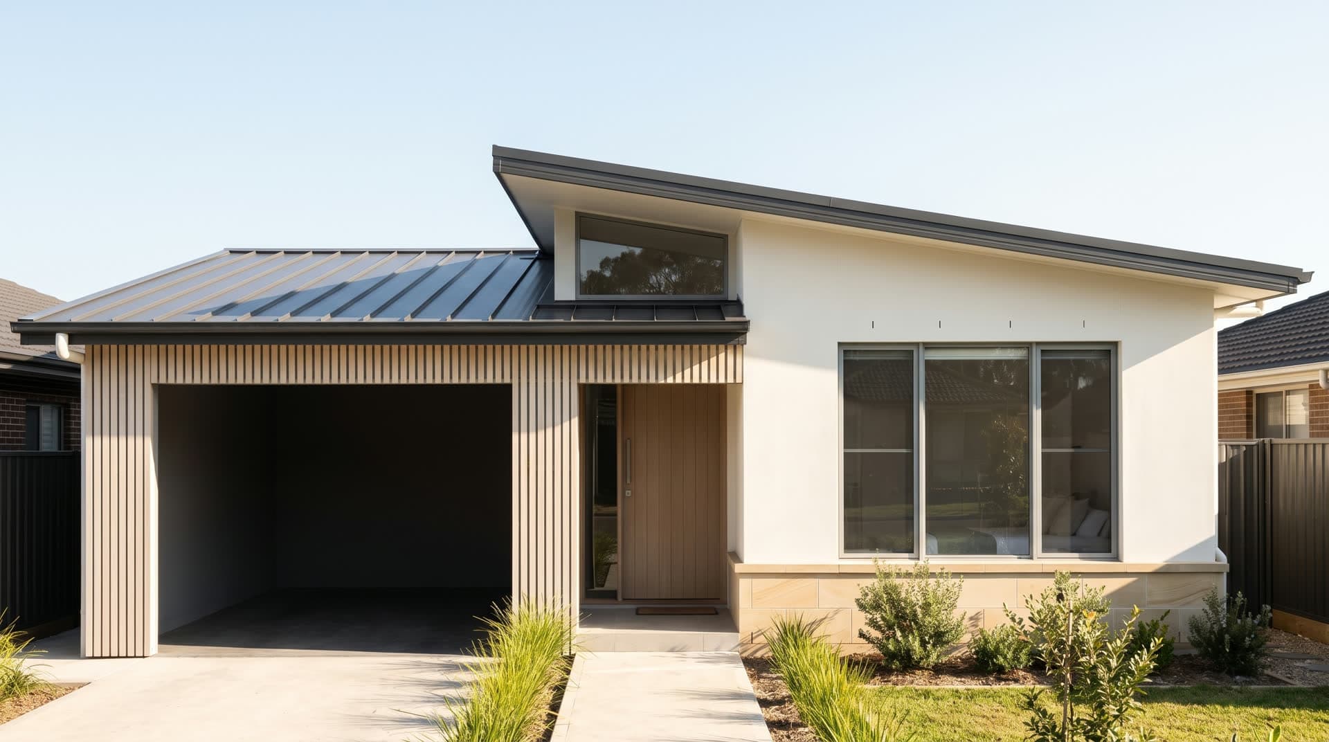 Essentials home facade in bright morning light