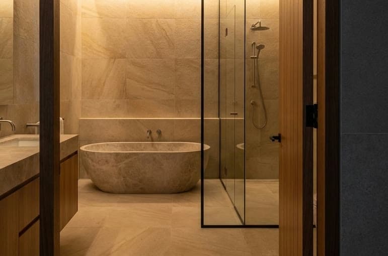 AI concept visualisation: stone bath and stone-lined walls in the bathroom
