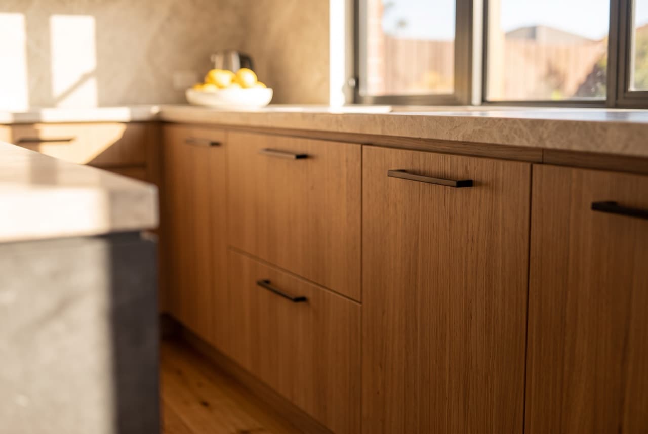 AI concept visualisation: timber cabinetry fronts and black pulls in the kitchen