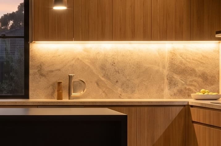 AI concept visualisation: stone benchtop and lit stone splashback in the kitchen