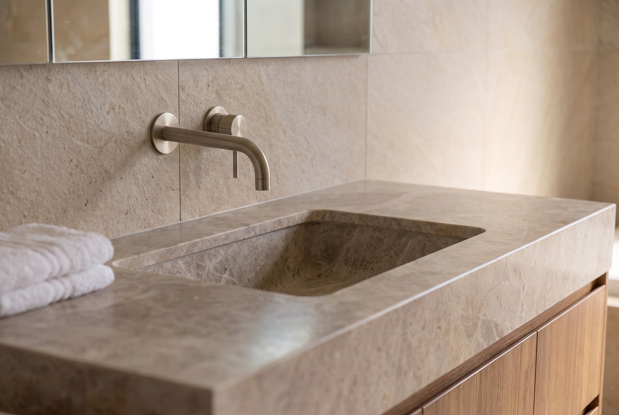 AI concept visualisation: brushed wall-mounted tapware over the stone vanity
