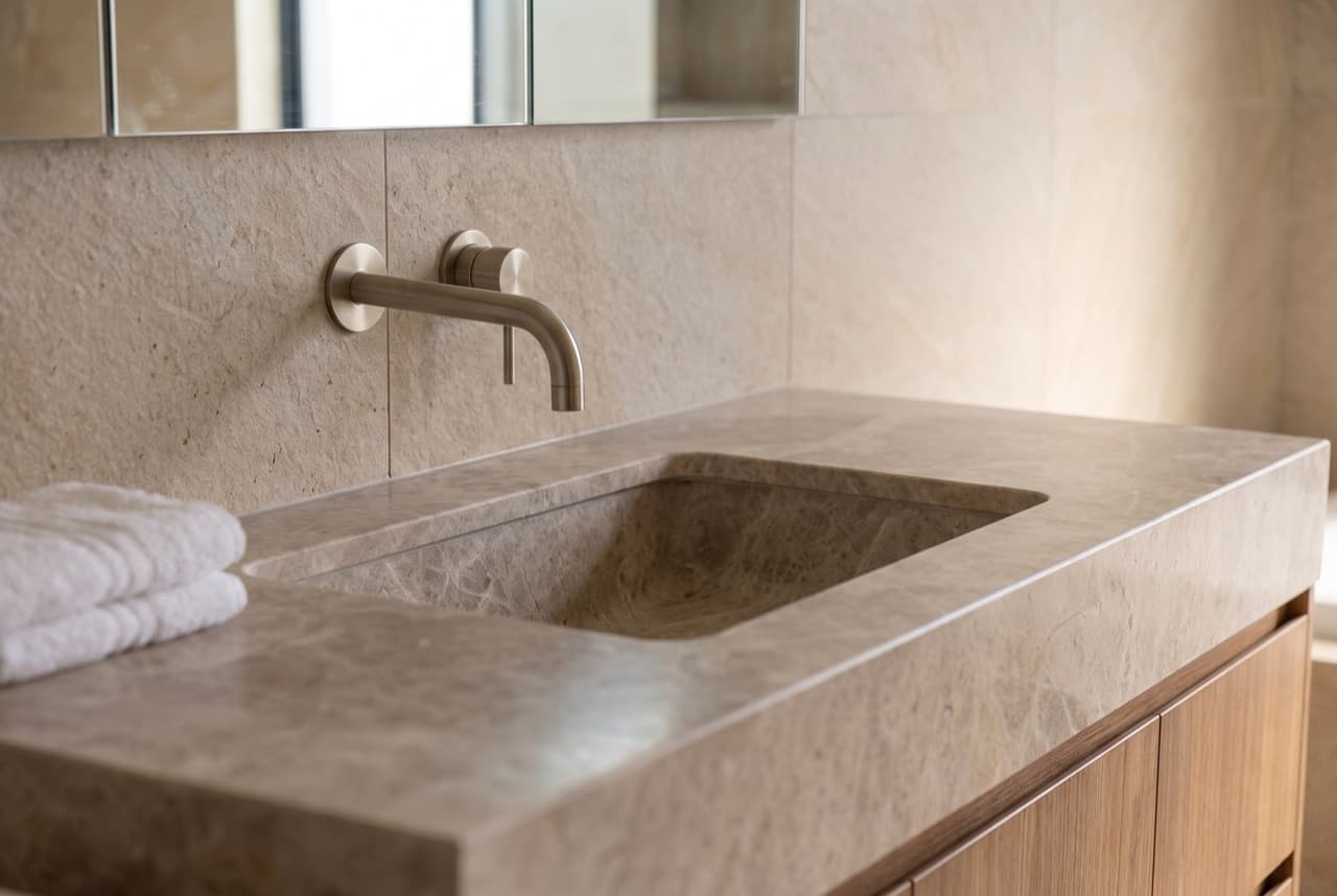 AI concept visualisation: brushed wall-mounted tapware over the stone vanity